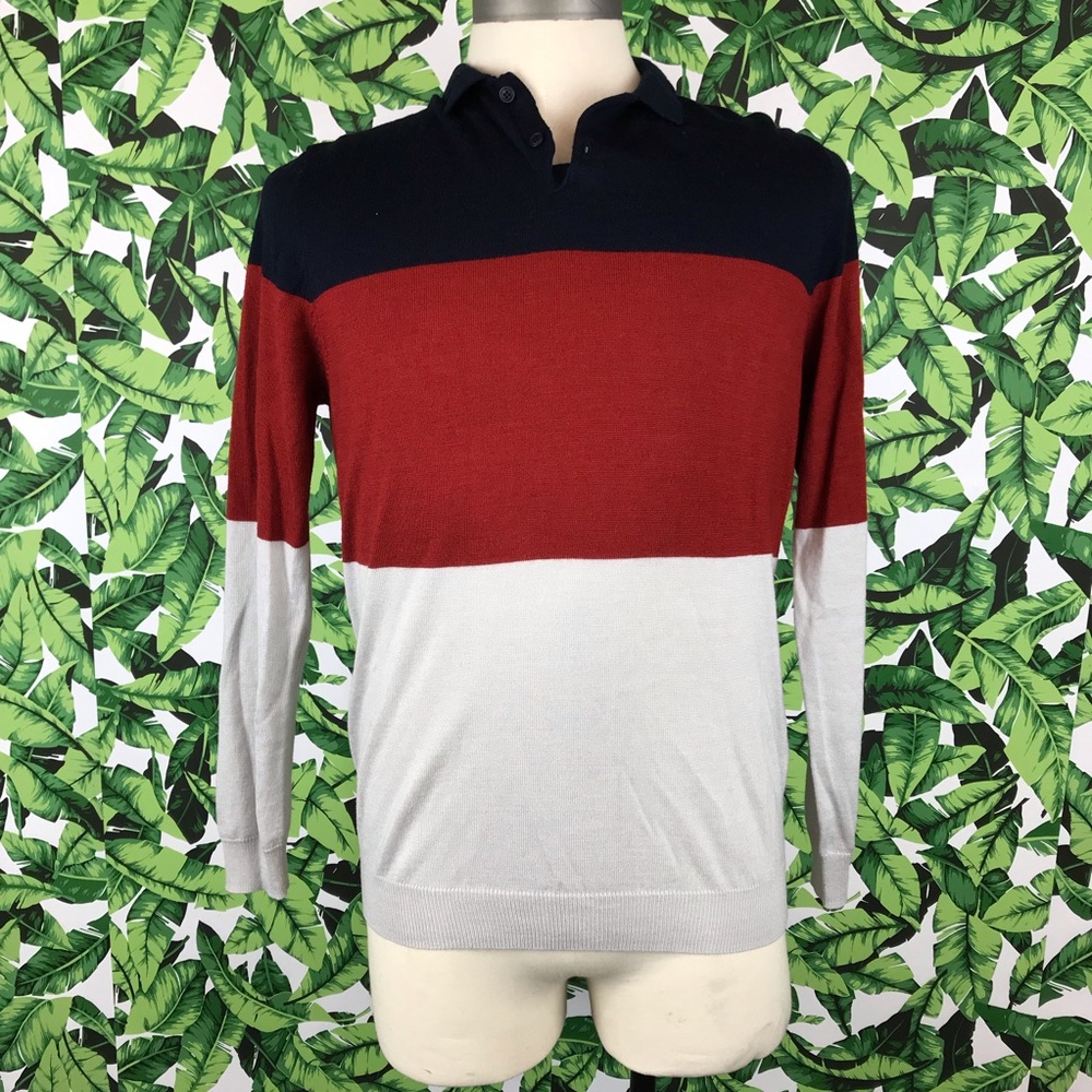 Zara Red Navy White Colorblock Polo Long Sleeve